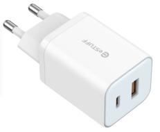eSTUFF Home Charger 65W GaN - USB-C + USB-A, EU plug - White (Bulk)