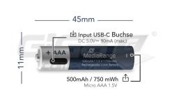  MediaRange nabíjecí USB-C Li-Ion baterie Micro AAA, 1,5V, 500 mAh, 4ks - Fotka 2/4